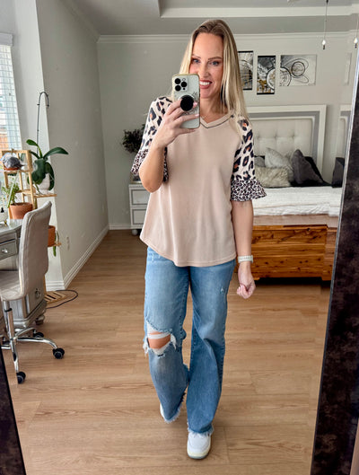 Kandi Leopard Color Block Bell Sleeved Top
