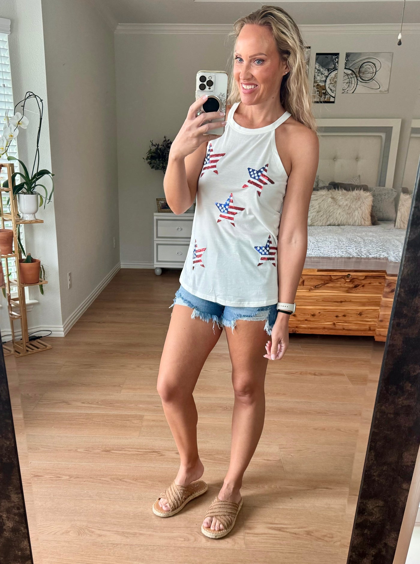 Sequin Patriotic Star Grecian Neck Tank