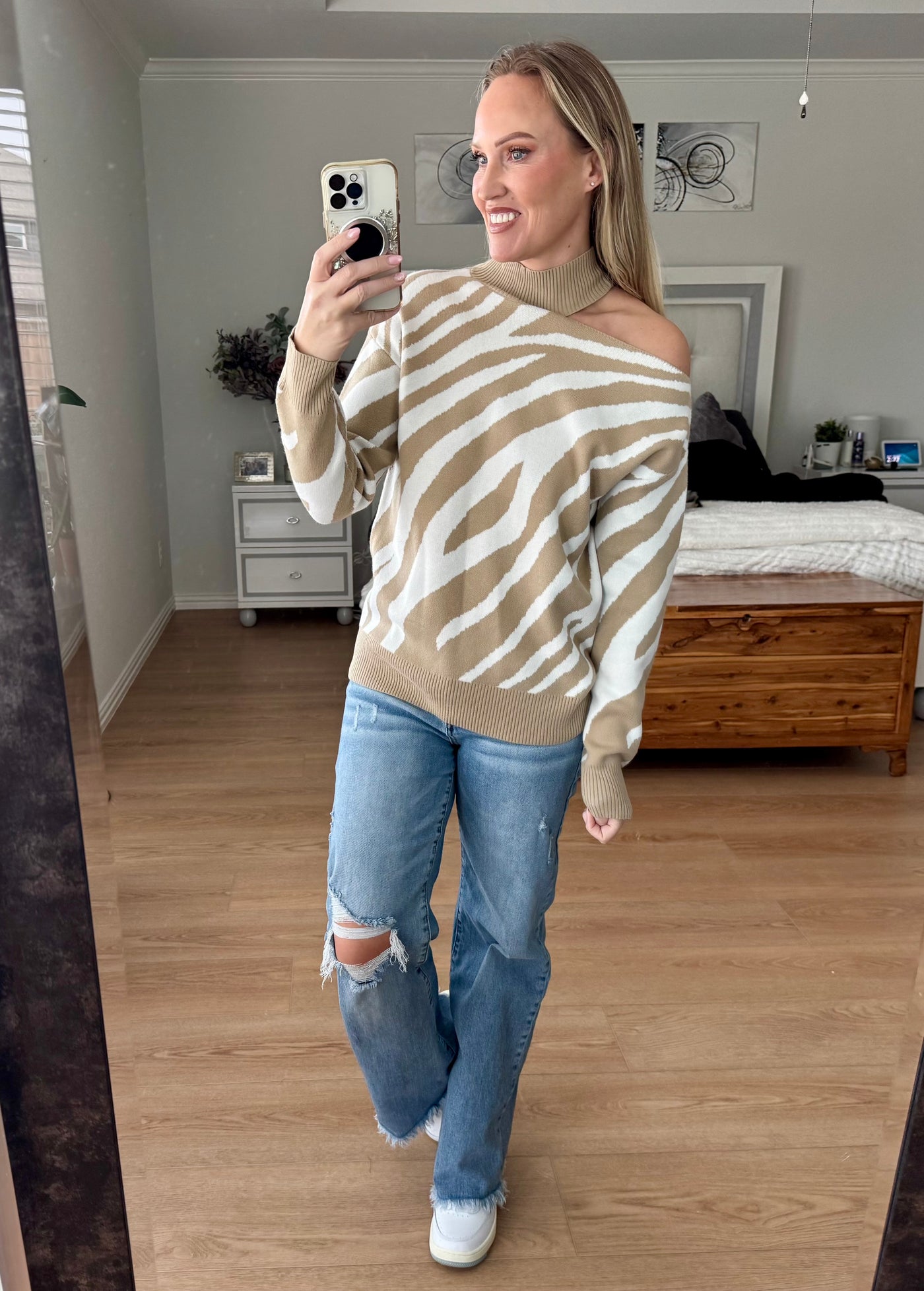 Zaida Zebra Striped Cold Shoulder Sweater