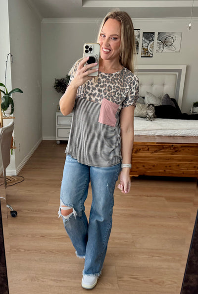 Landry Leopard Striped Color Block Pocket Top