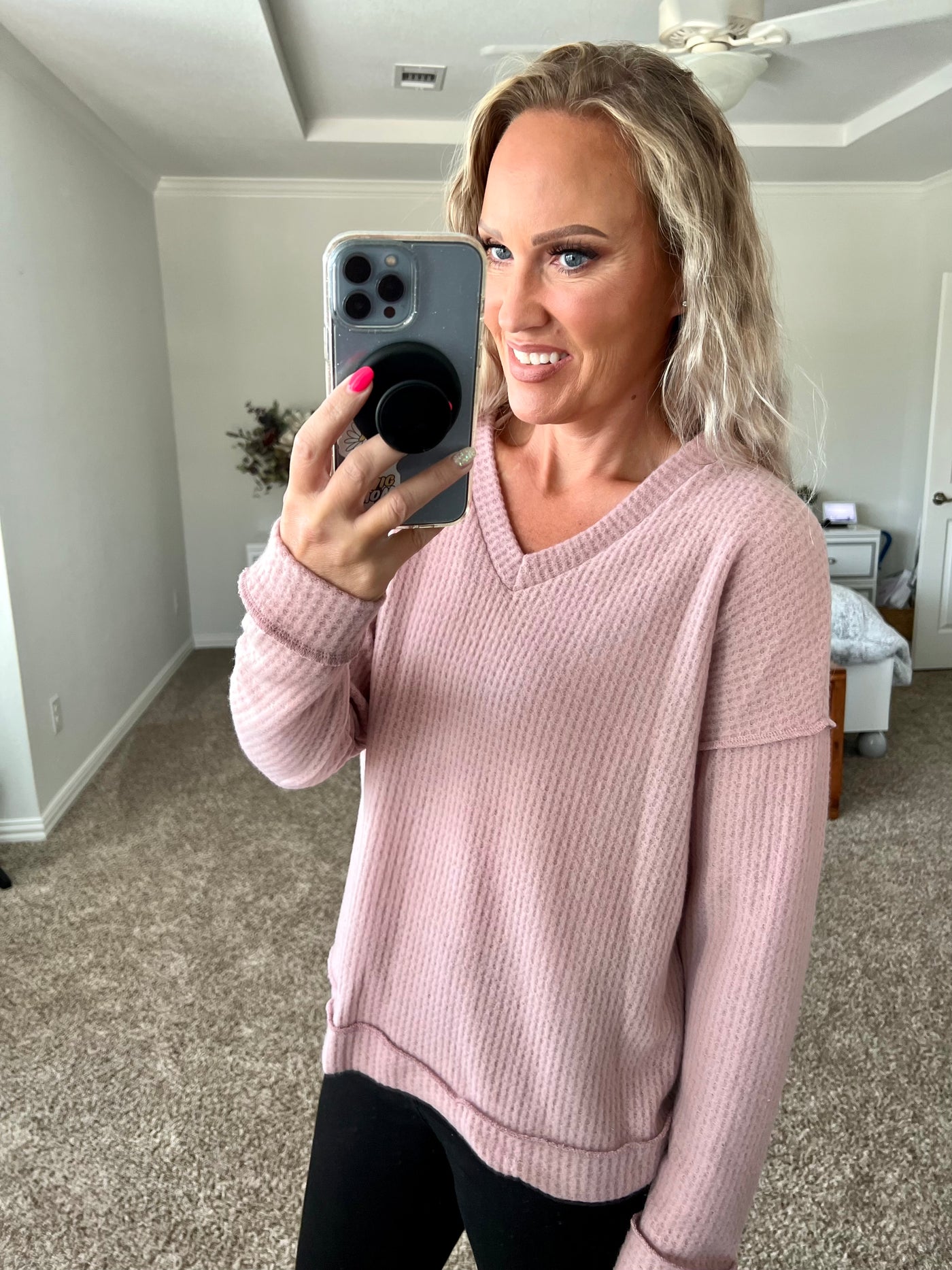 Shyann Super Soft Waffle Knit V Neck Top