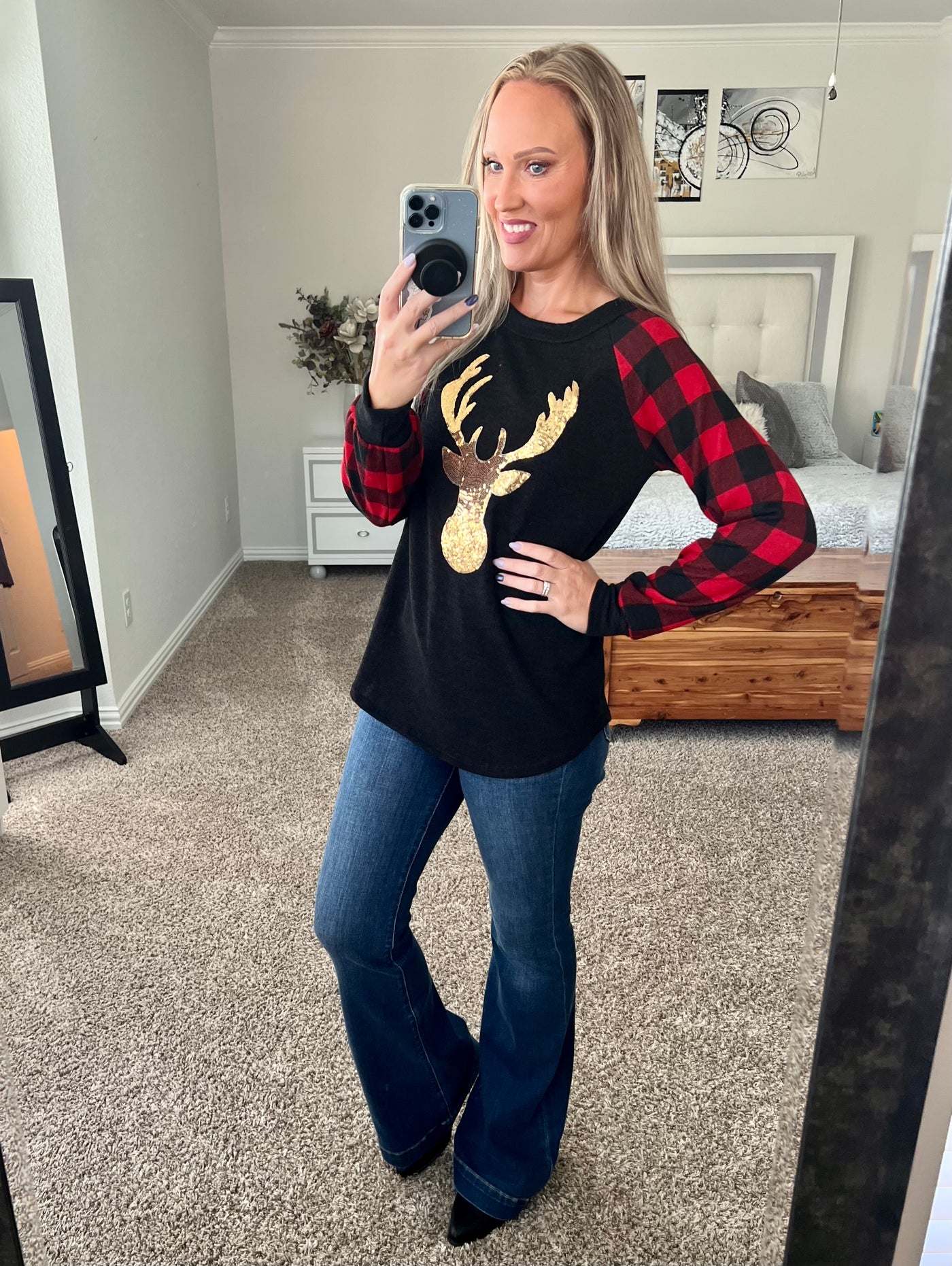 Merry Real Sequin Reindeer Buffalo Plaid Sleeved Top