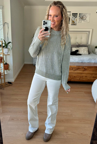 Savannah Ribbed Striped Mock Neck Dropped Shoulder Sweater