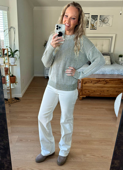 Savannah Ribbed Striped Mock Neck Dropped Shoulder Sweater