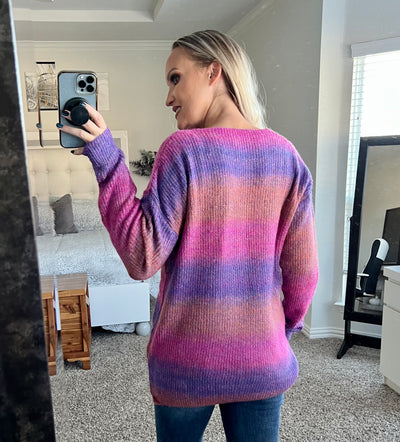 Jess Multicolored Rib-Knit V-Neck Knit Sweater