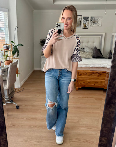 Kandi Leopard Color Block Bell Sleeved Top