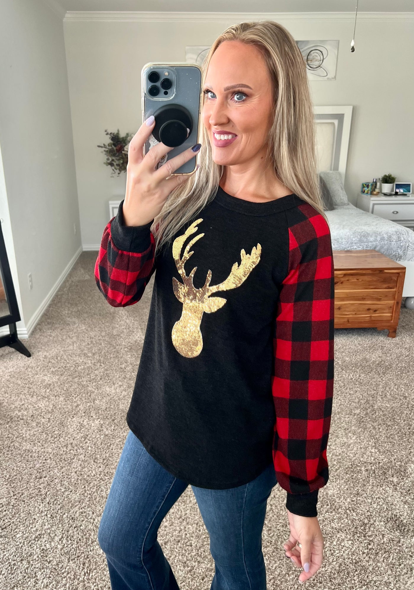 Merry Real Sequin Reindeer Buffalo Plaid Sleeved Top