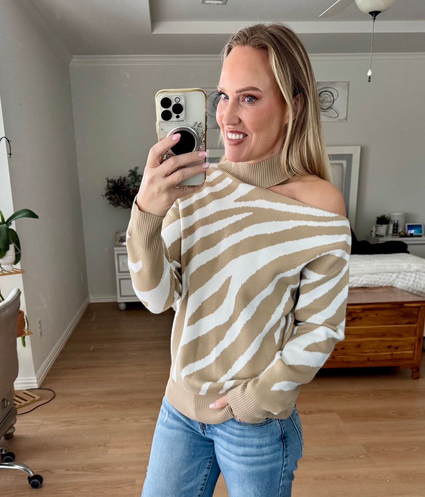 Zaida Zebra Striped Cold Shoulder Sweater