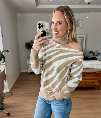 Zaida Zebra Striped Cold Shoulder Sweater