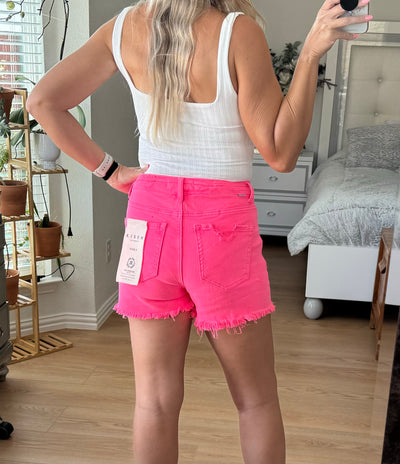 Wednesday RISEN High Waist Frayed Hem Hot Pink Denim Shorts