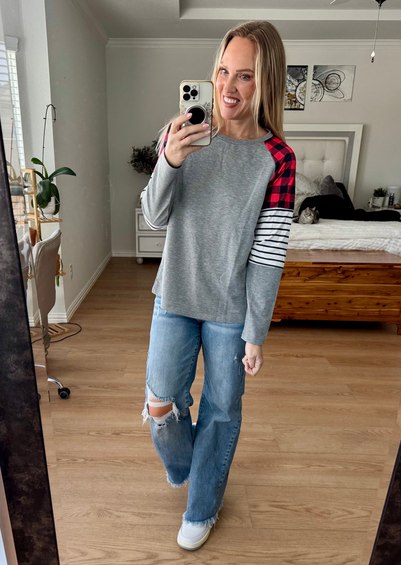 Brandi Buffalo Plaid Striped Color Block top