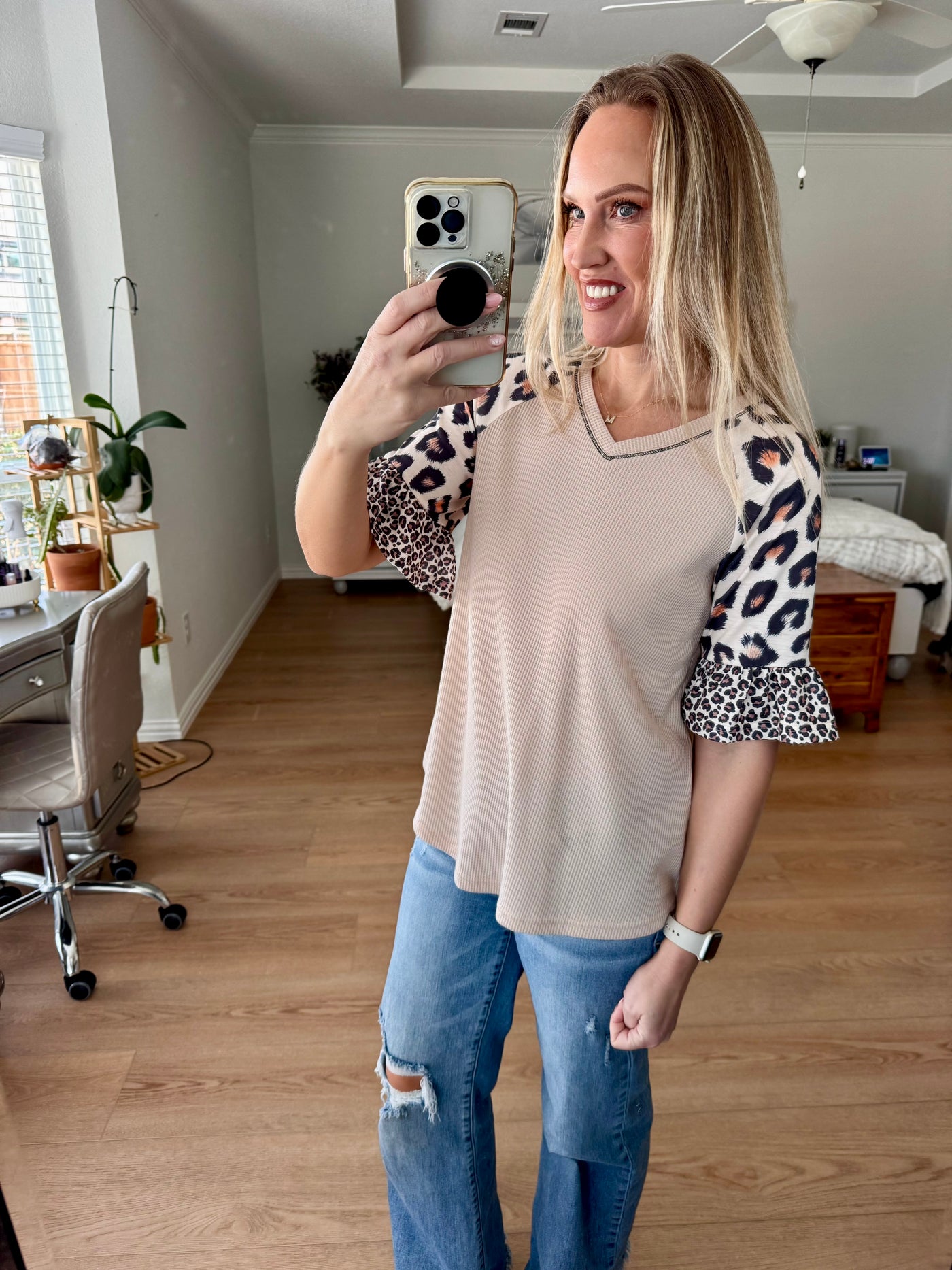 Kandi Leopard Color Block Bell Sleeved Top