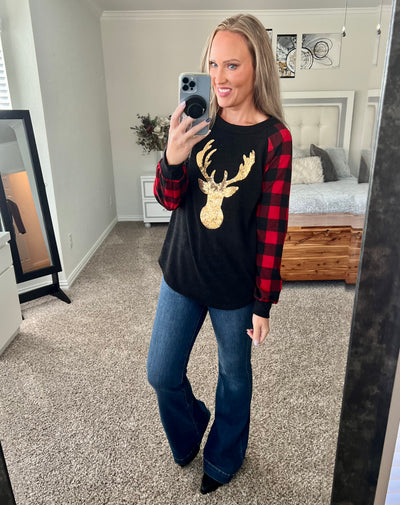 Merry Real Sequin Reindeer Buffalo Plaid Sleeved Top