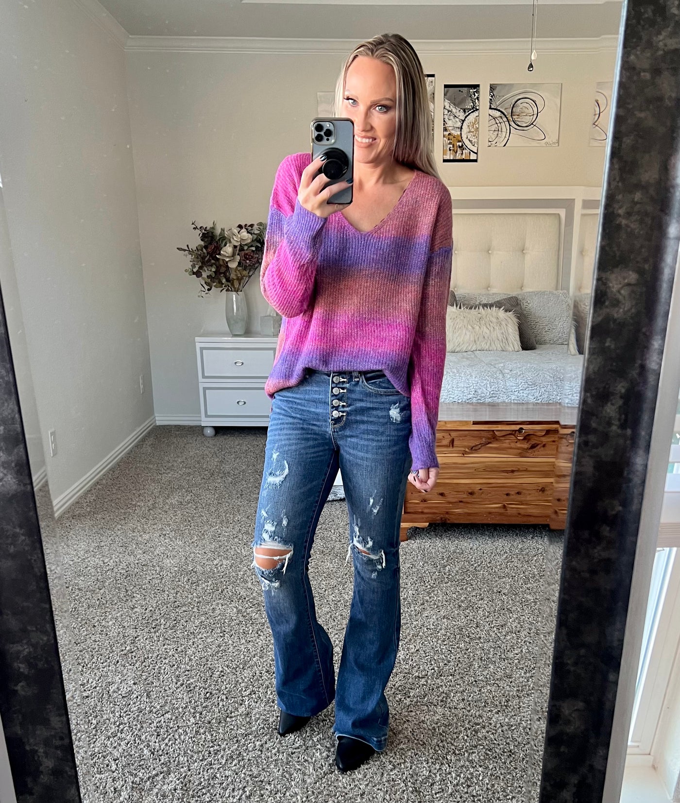 Jess Multicolored Rib-Knit V-Neck Knit Sweater