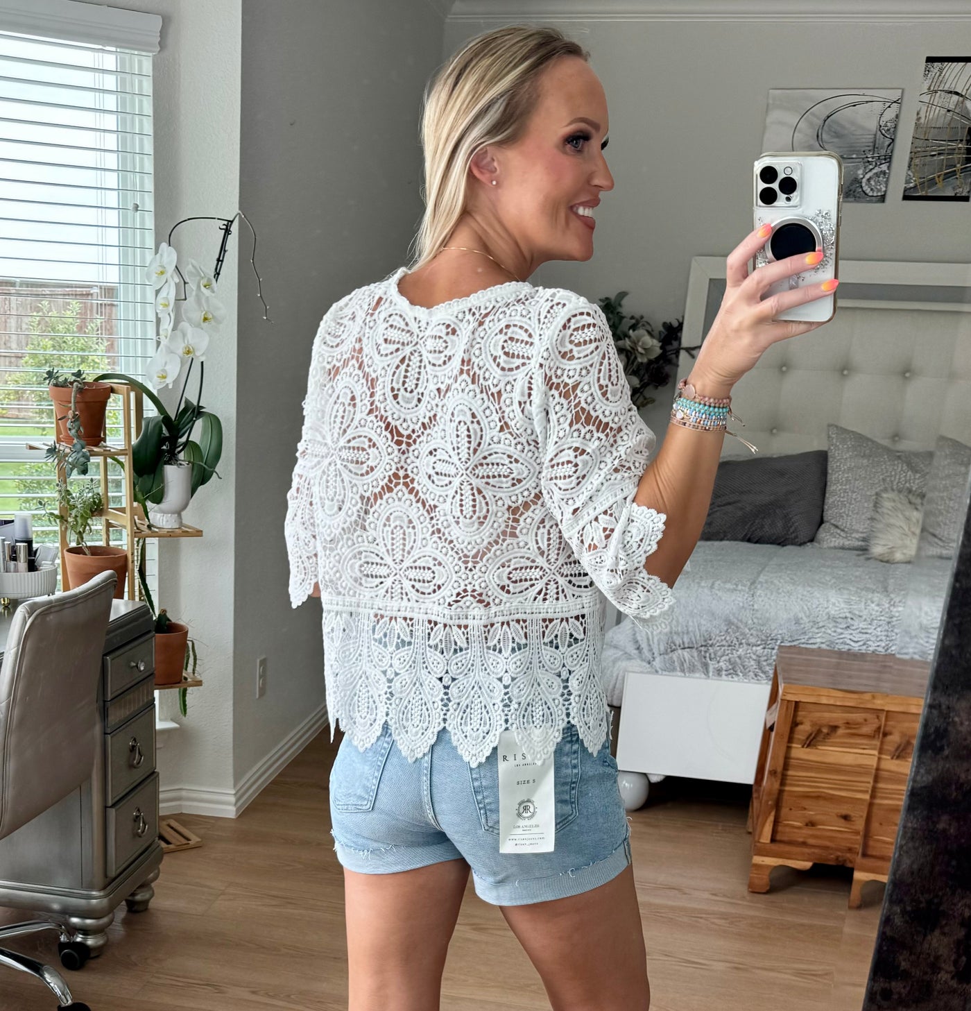 Kelly Open Knit Three-Quarter Sleeve Top