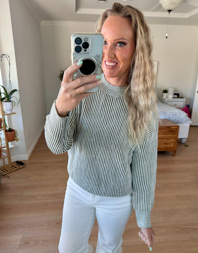 Savannah Ribbed Striped Mock Neck Dropped Shoulder Sweater