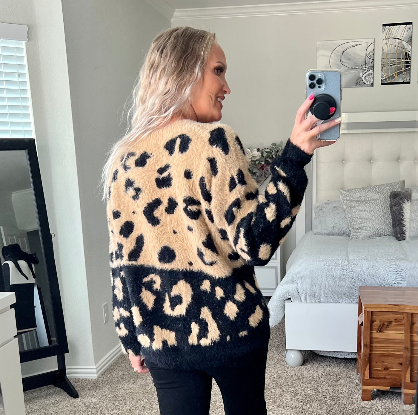 Marissa Super Soft Brushed Leopard Print Color Block Contrast Sweater