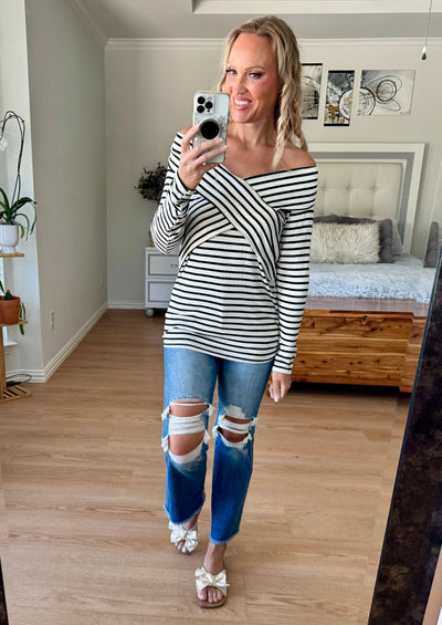 Chrissy Crisscross Off the Shoulder Striped Long Sleeve Blouse