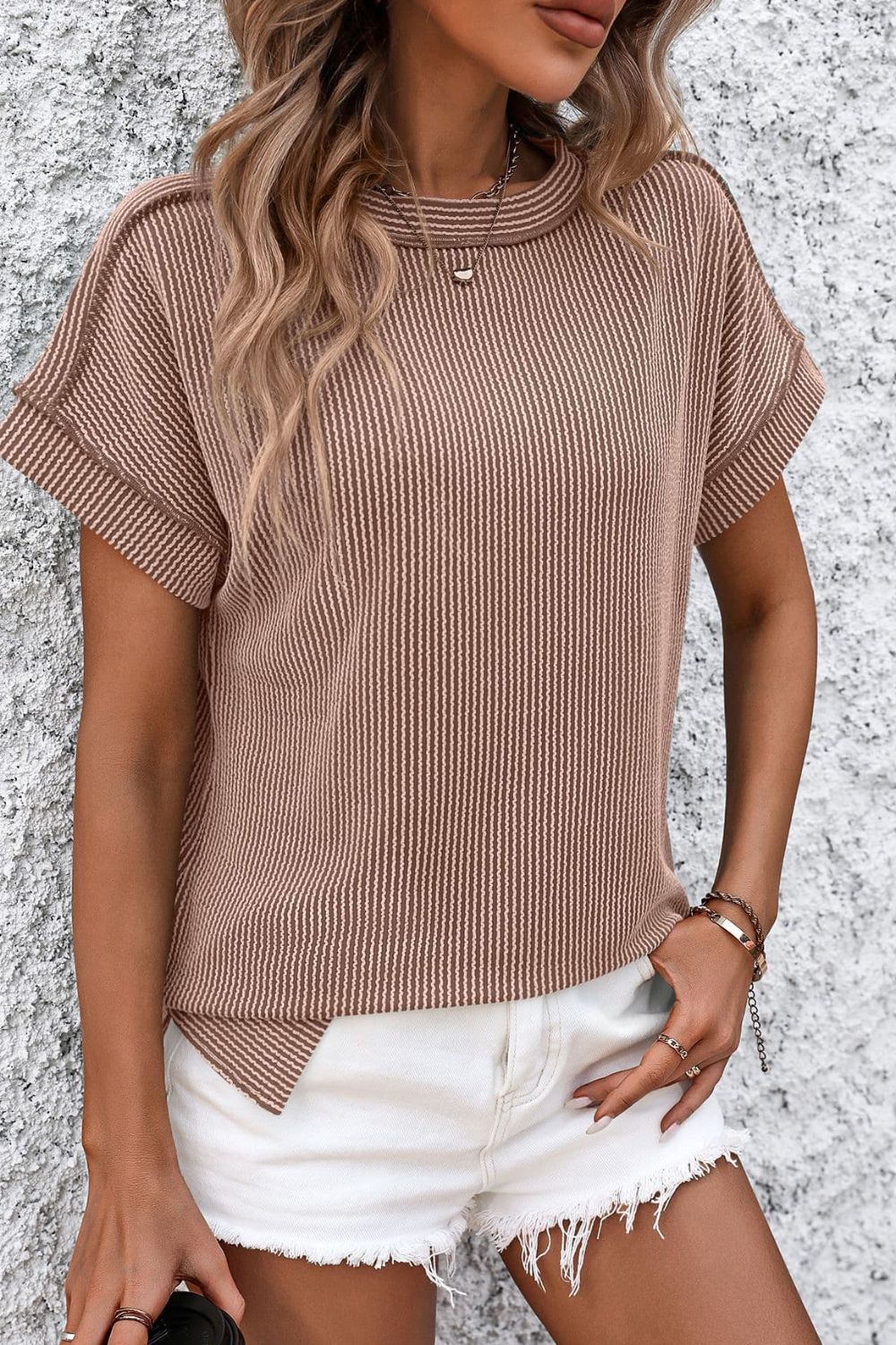 Shannon Ribbed Exposed Seam Short Sleeve Top