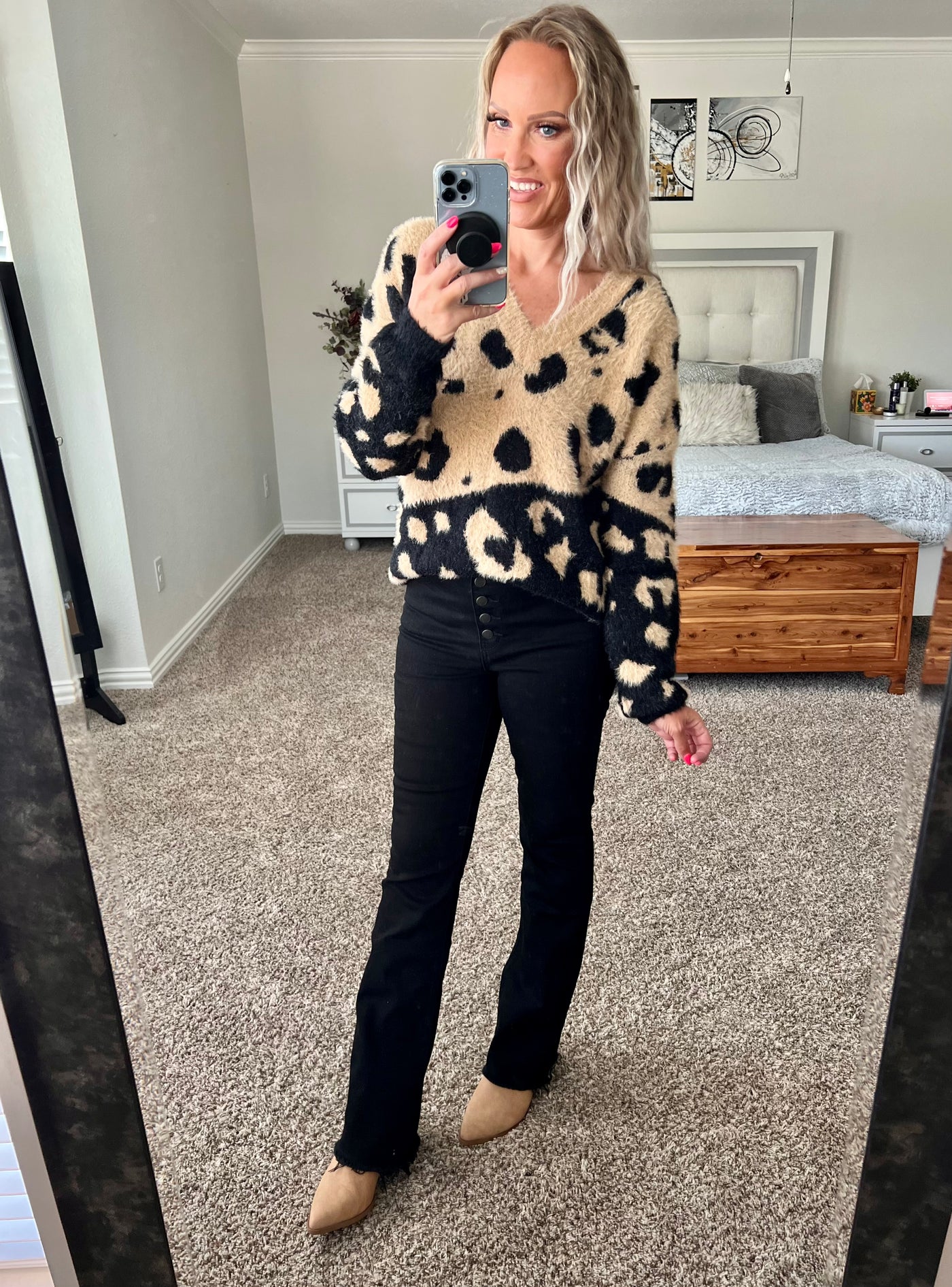 Marissa Super Soft Brushed Leopard Print Color Block Contrast Sweater