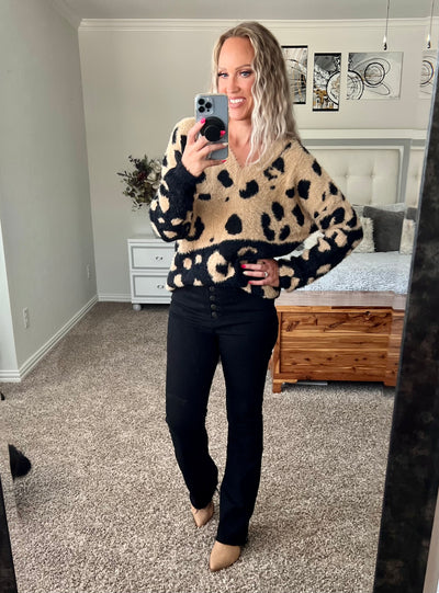 Marissa Super Soft Brushed Leopard Print Color Block Contrast Sweater