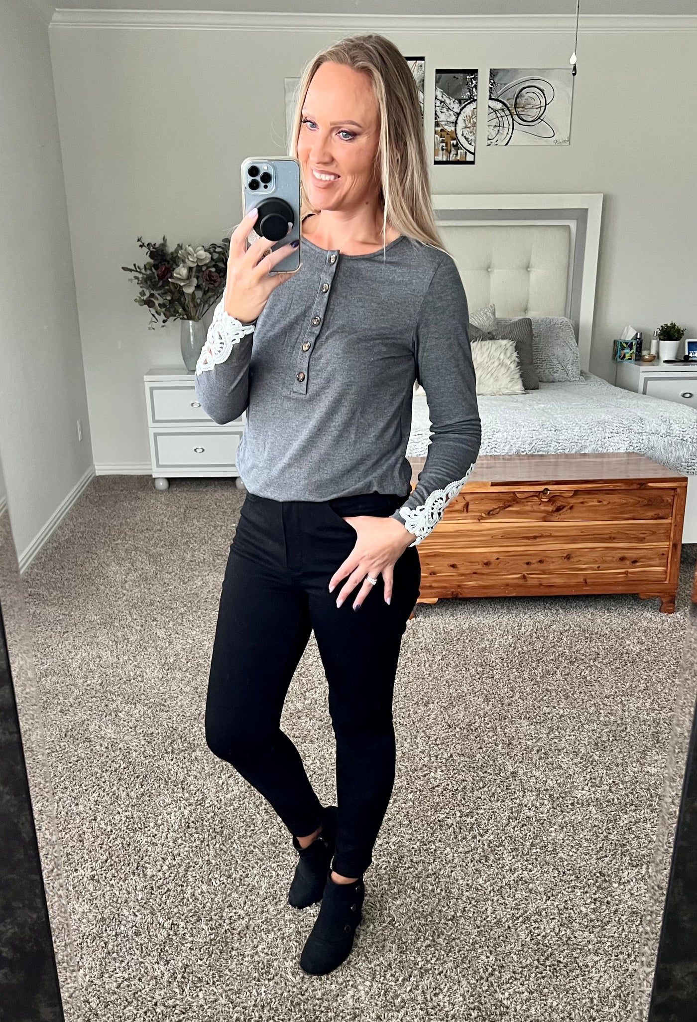 Cynthia Crochet Lace Sleeve Half Button Top