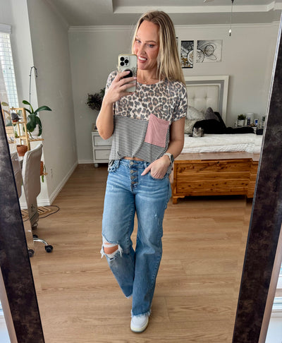 Landry Leopard Striped Color Block Pocket Top
