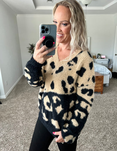 Marissa Super Soft Brushed Leopard Print Color Block Contrast Sweater