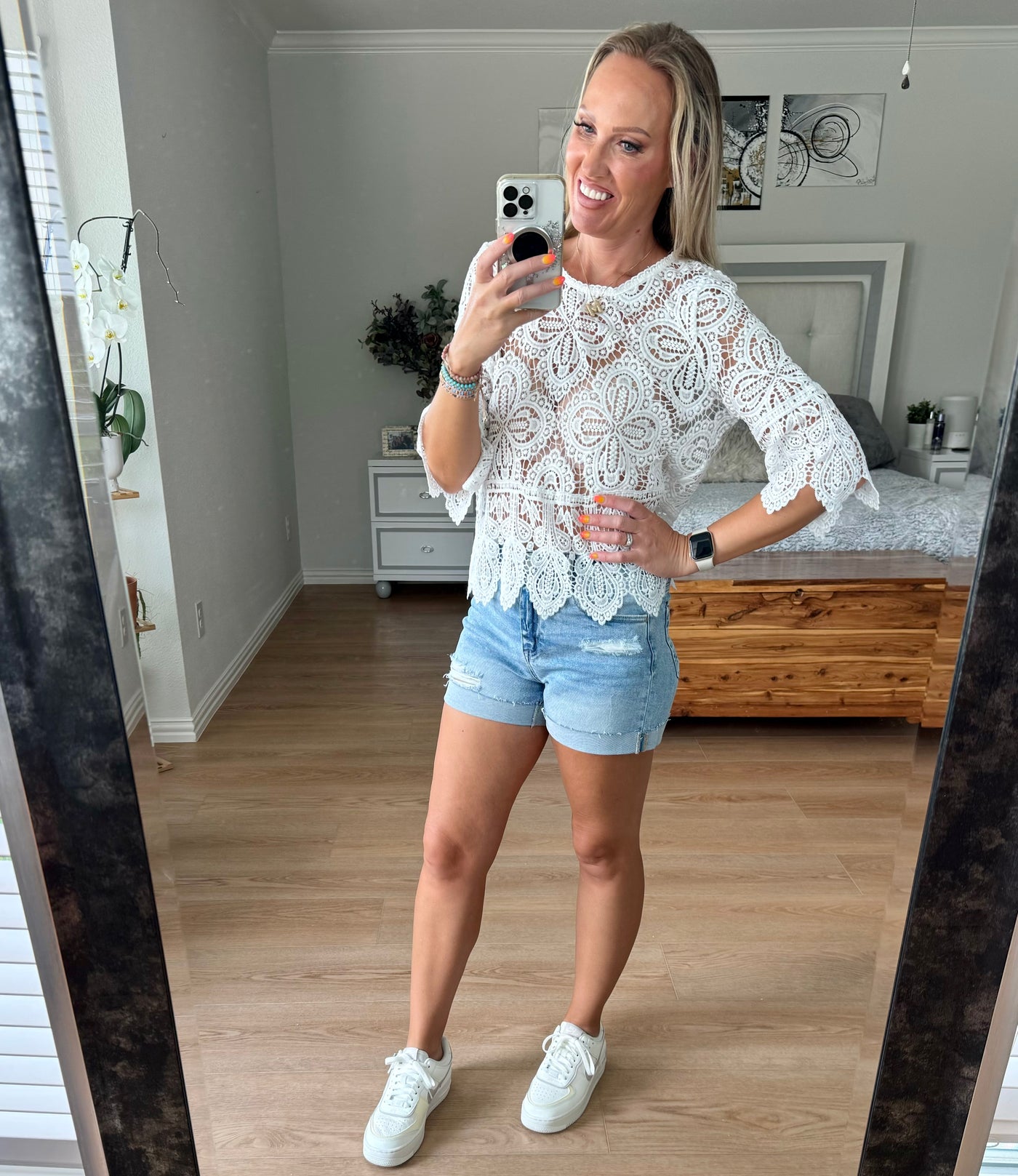 Kelly Open Knit Three-Quarter Sleeve Top
