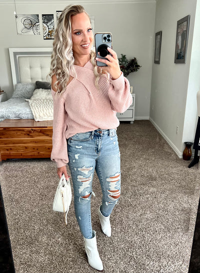 Kensley Crisscross Cold-Shoulder Sweater
