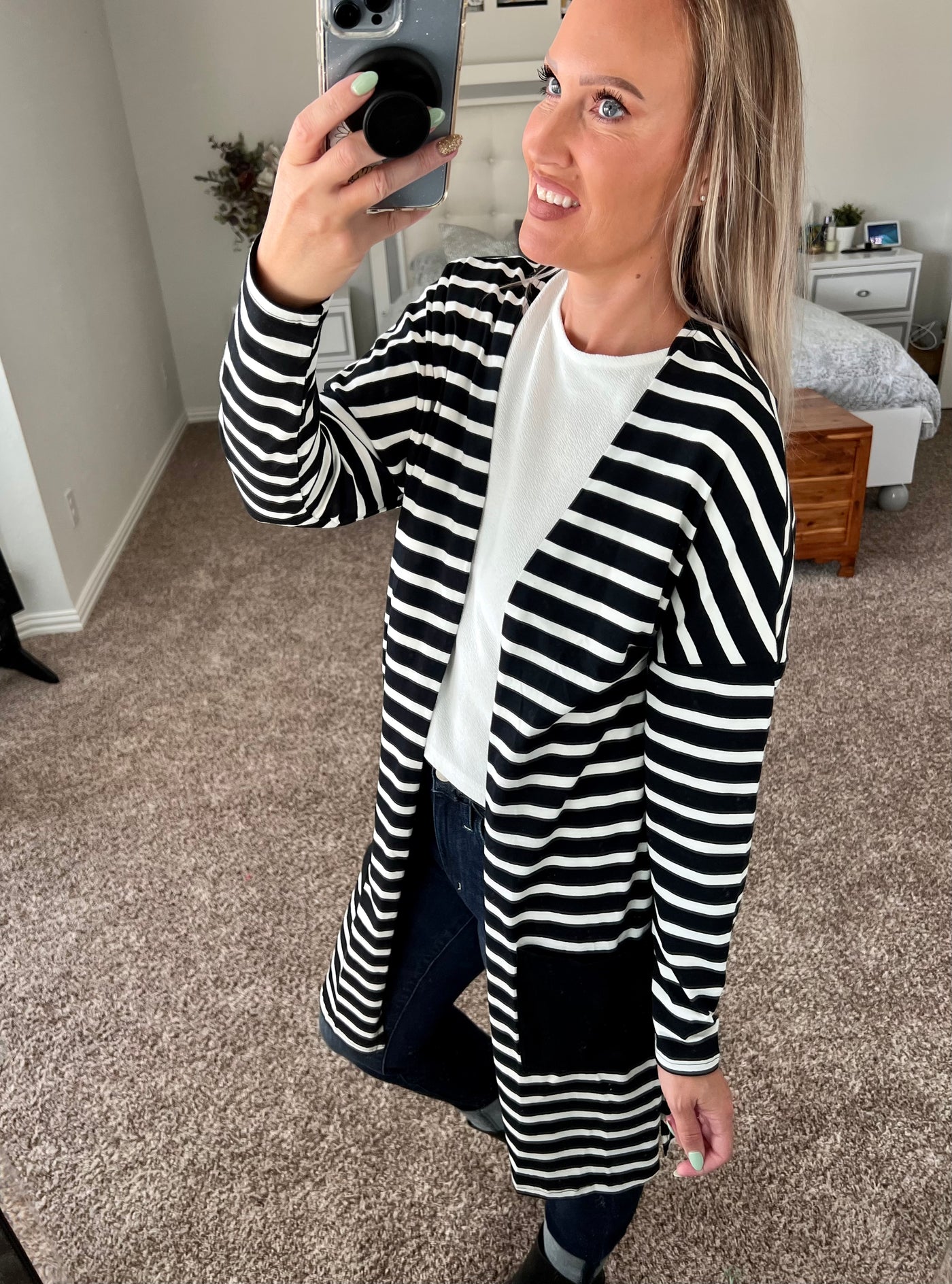 Melanie Striped Longline Contrast Pocket Cardigan