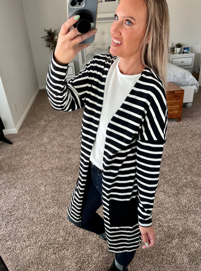 Melanie Striped Longline Contrast Pocket Cardigan