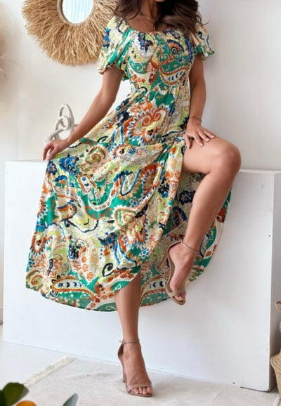 Kalilah Smocked Paisle Maxi Dress