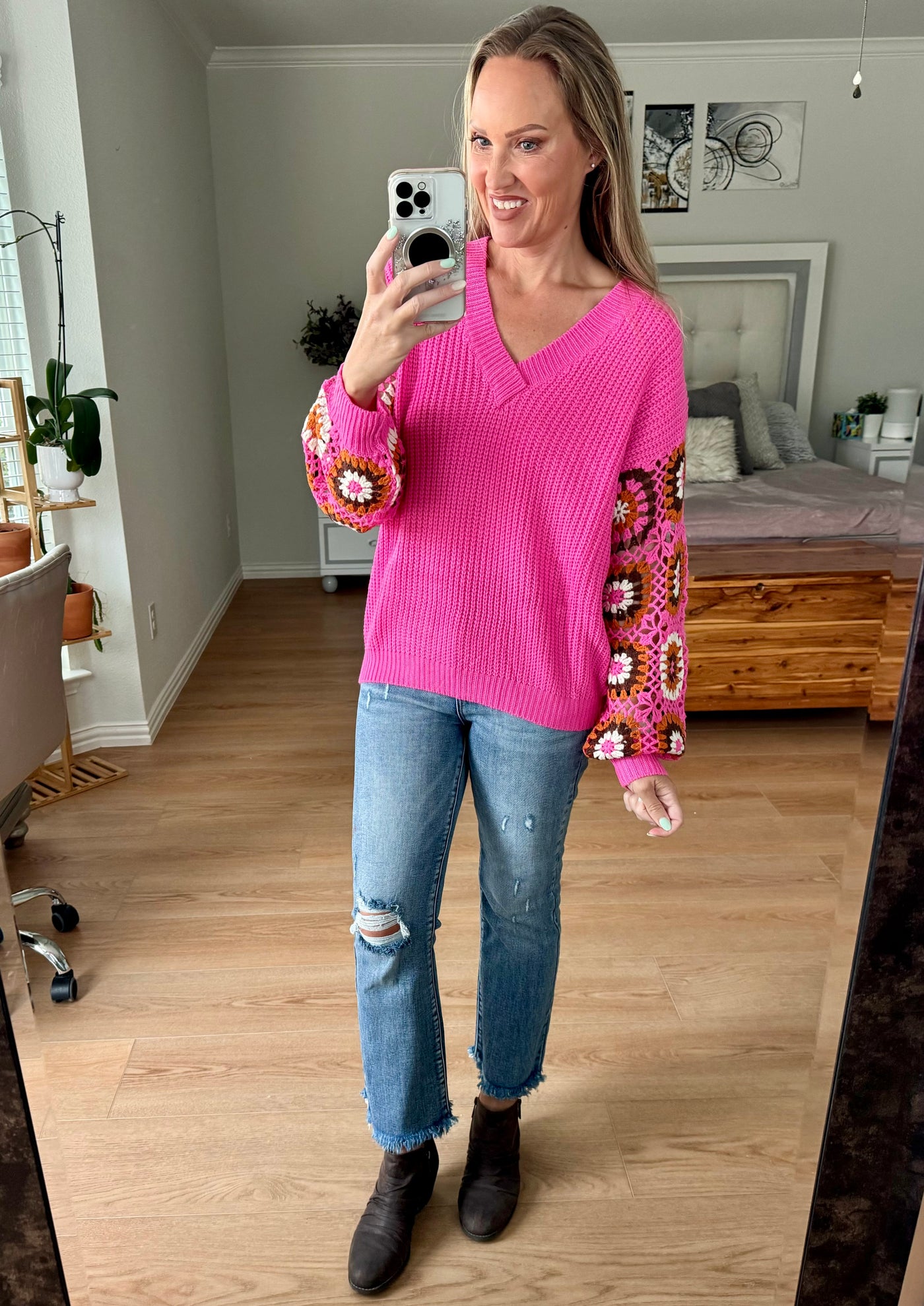 Geri V-Neck Crochet Sleeve Sweater