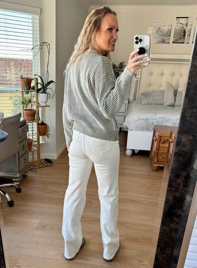 Savannah Ribbed Striped Mock Neck Dropped Shoulder Sweater