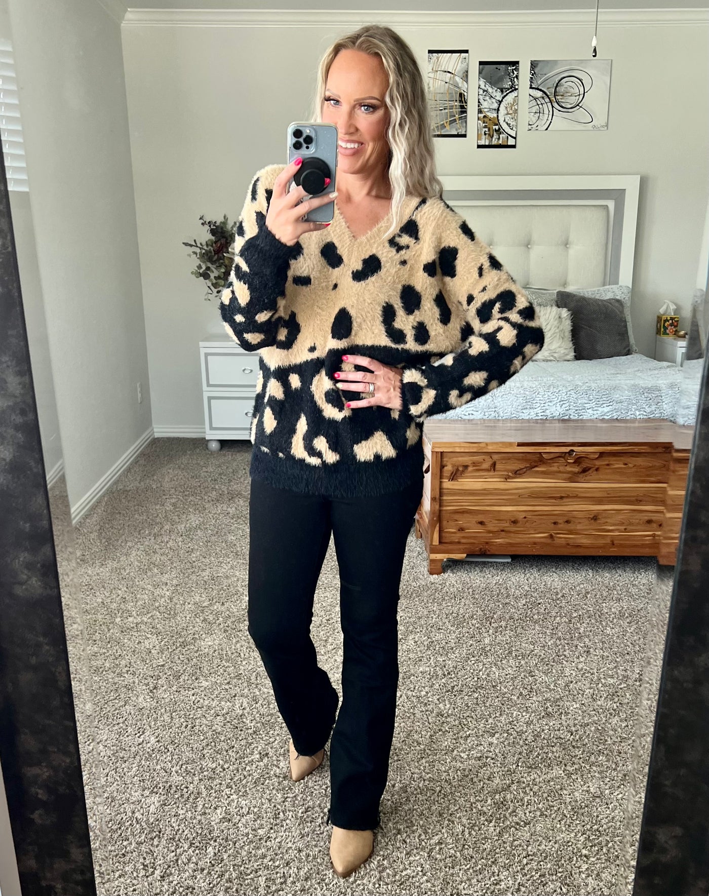 Marissa Super Soft Brushed Leopard Print Color Block Contrast Sweater