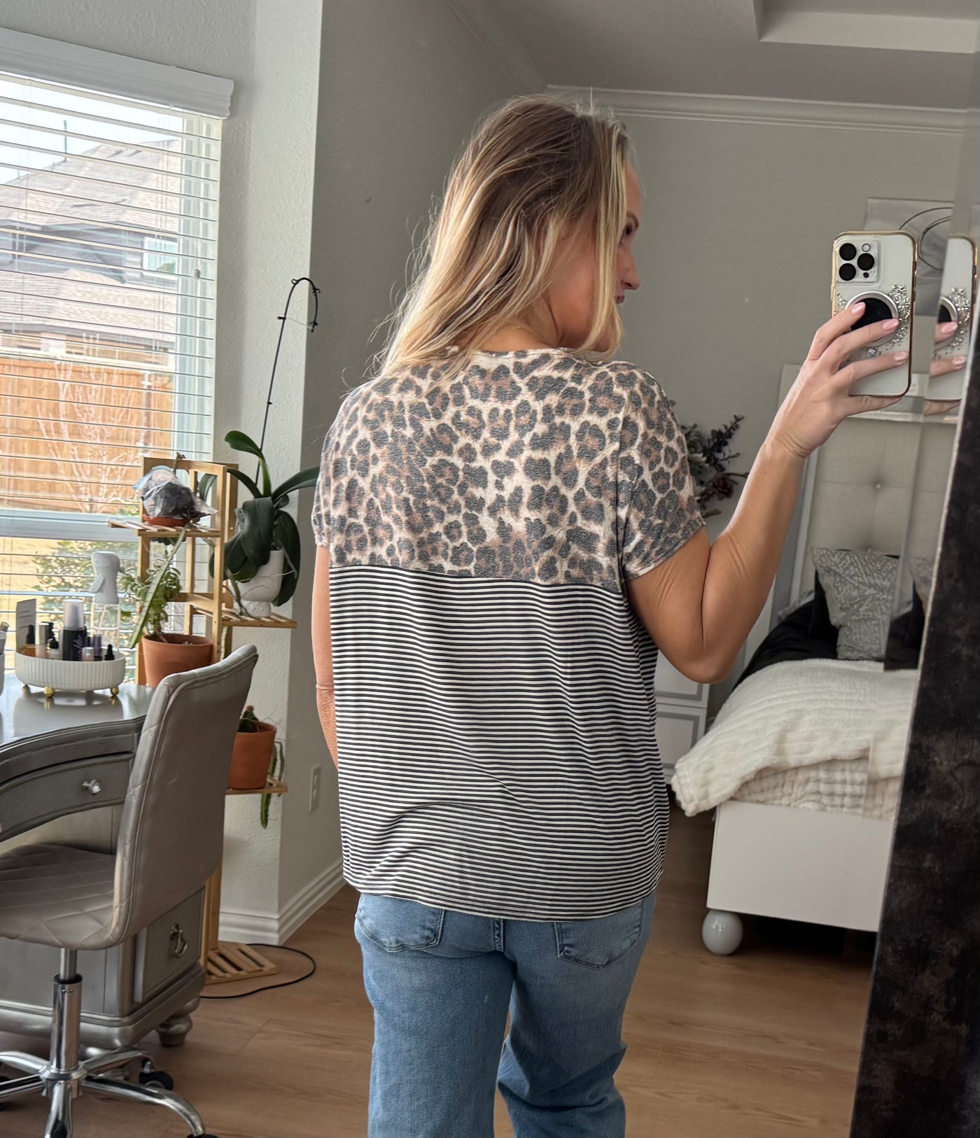 Landry Leopard Striped Color Block Pocket Top