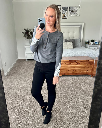Cynthia Crochet Lace Sleeve Half Button Top