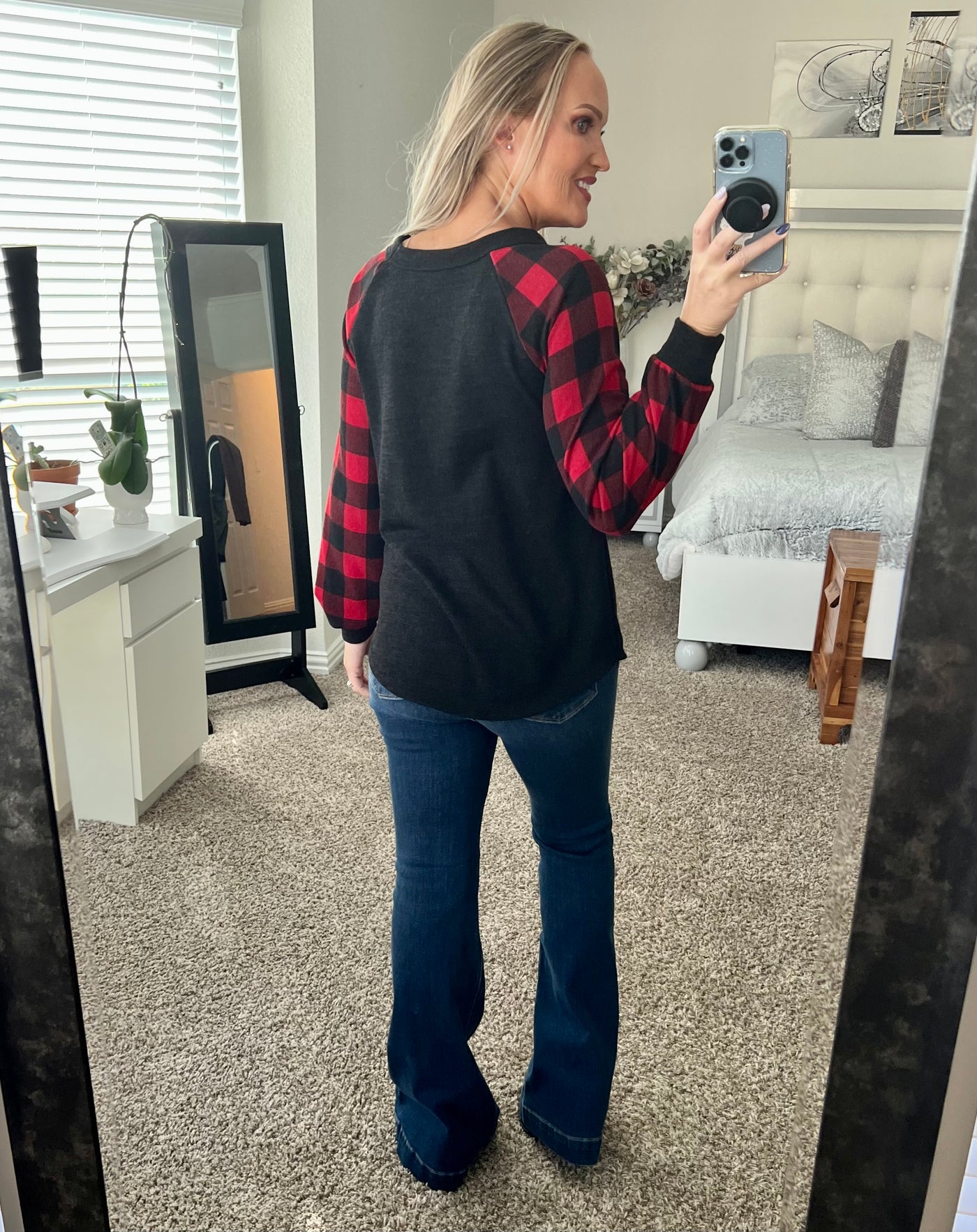 Merry Real Sequin Reindeer Buffalo Plaid Sleeved Top