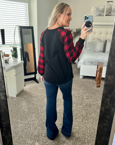 Merry Real Sequin Reindeer Buffalo Plaid Sleeved Top