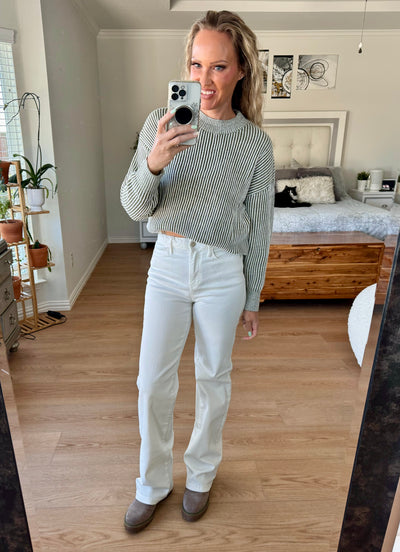 Savannah Ribbed Striped Mock Neck Dropped Shoulder Sweater