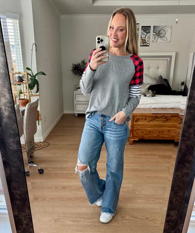 Brandi Buffalo Plaid Striped Color Block top