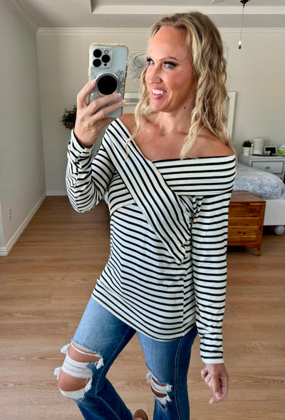 Chrissy Crisscross Off the Shoulder Striped Long Sleeve Blouse