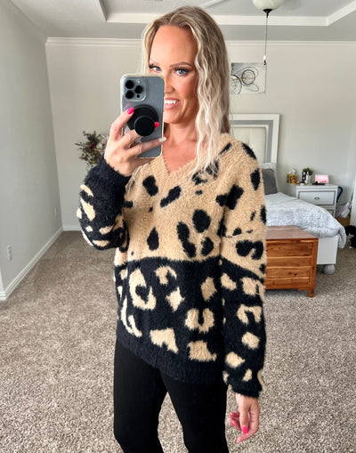 Marissa Super Soft Brushed Leopard Print Color Block Contrast Sweater