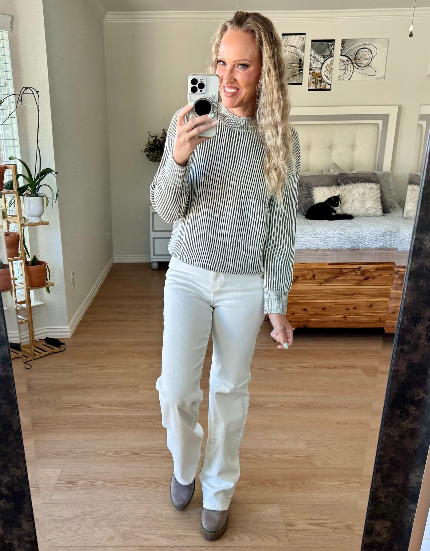 Savannah Ribbed Striped Mock Neck Dropped Shoulder Sweater