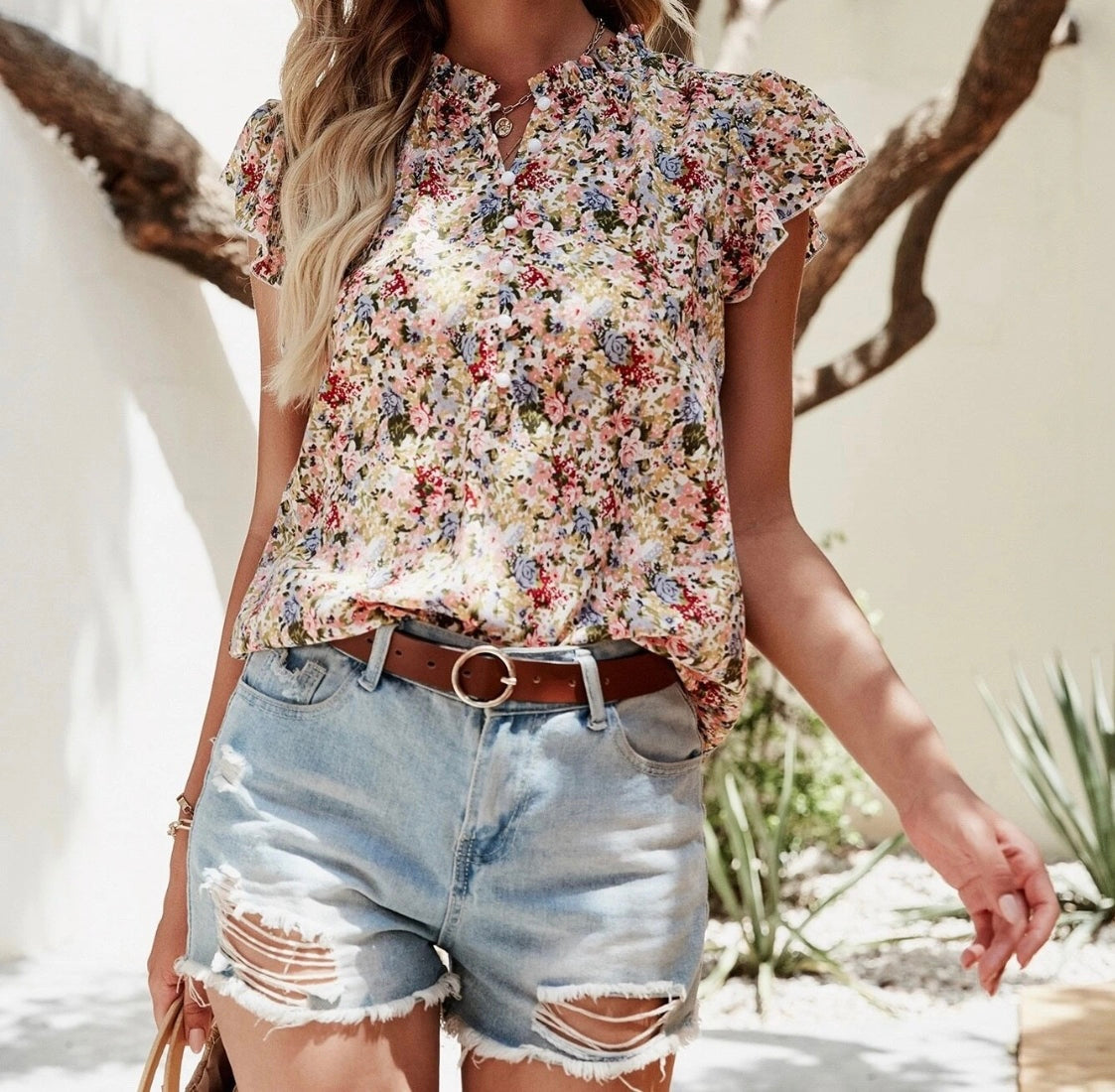 Reece Floral Notched Cap Sleeve Blouse