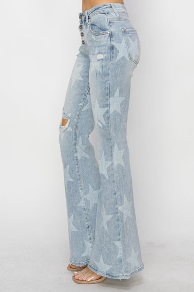 Starry Skies Mid Rise Button Fly RISEN Flare Jeans