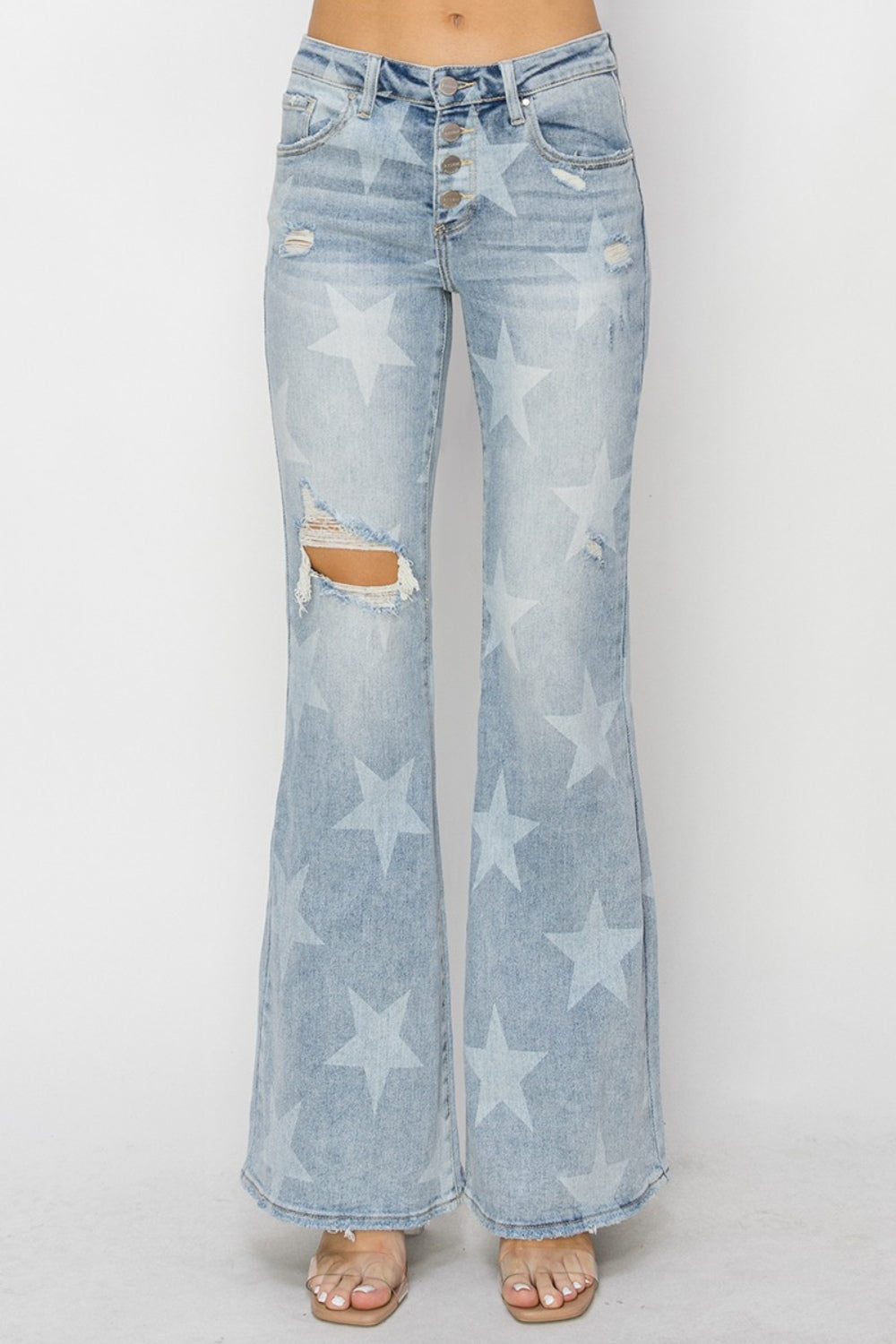 Starry Skies Mid Rise Button Fly RISEN Flare Jeans