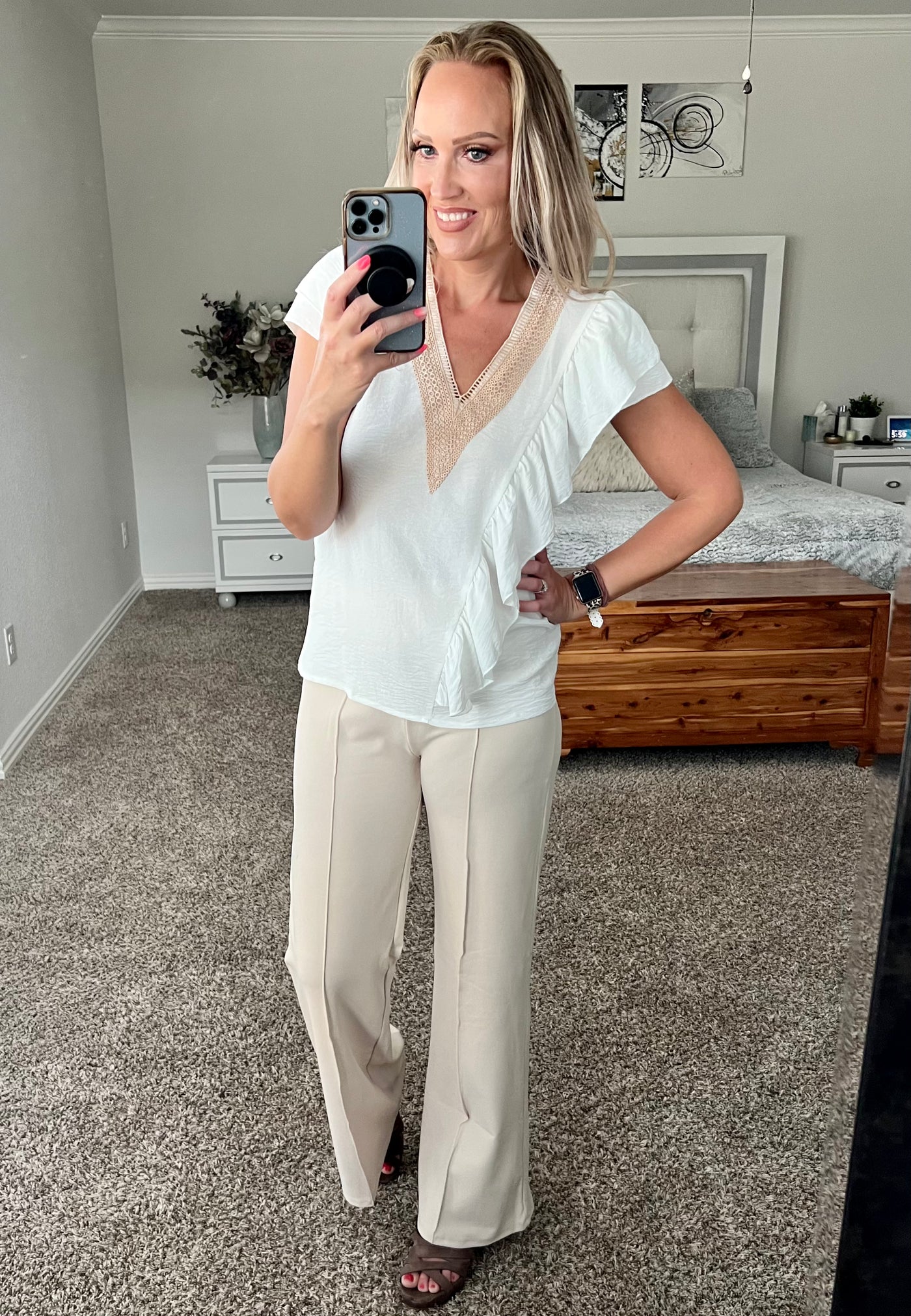 Chrissy Cross Ruffle Front Embroidered V-neck Flutter Sleeve Blouse