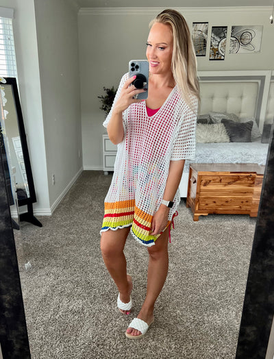 Summertime Rainbow Stripe Openwork Slit Cover-Up